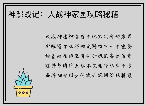 神邸战记：大战神家园攻略秘籍