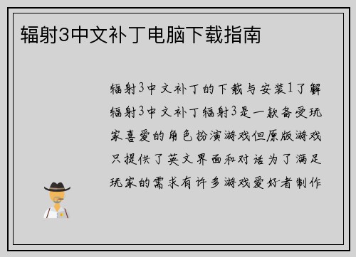 辐射3中文补丁电脑下载指南